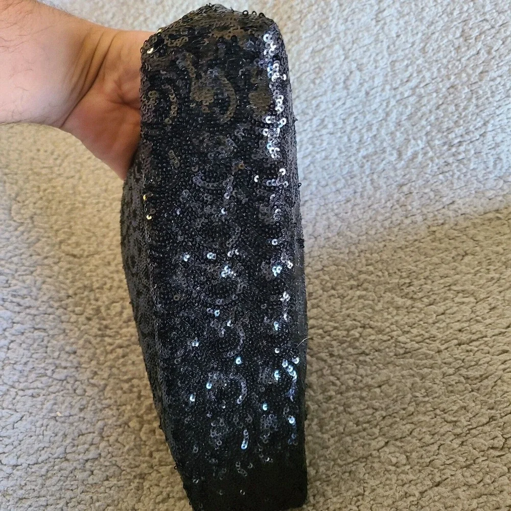 Victoria's Secret Make‎ Up Bag Black Sequin Shiney Faux Leather Snap Button